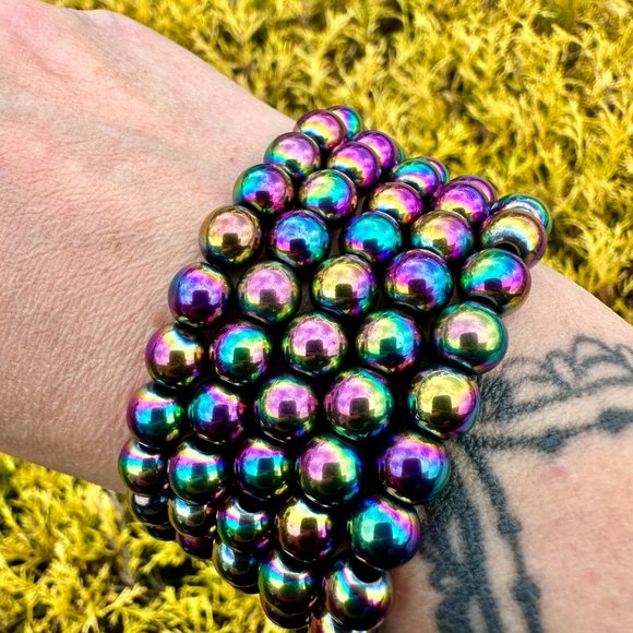 **SOLD**8mm Colorful Aura Hematite Beaded Bracelet - Picture 2 of 6